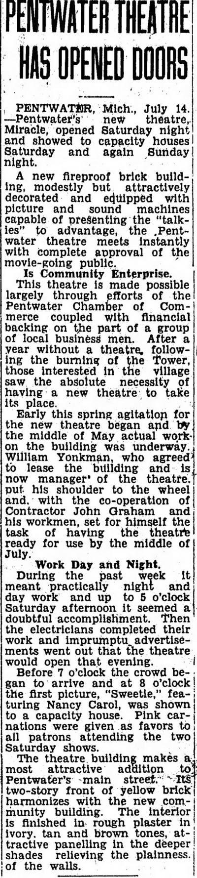 Pentwater Theatre - Jul 14 1930 Opening Article